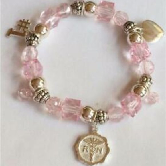 Nursing Charm Bracelet #1 Nurse Caduceus RN Pink Graduation Gift Silver Plated - Picture 1 of 9